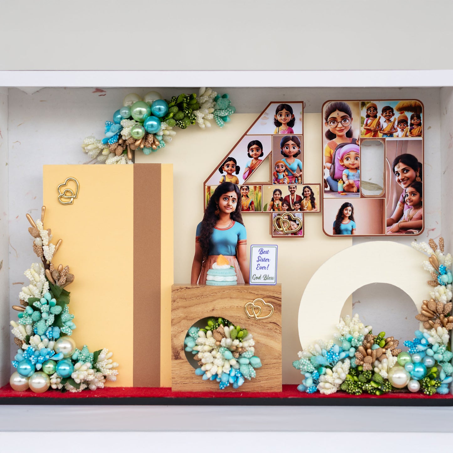 Personalized A4 Miniature Shadow Box | Birthday Decor with Mini Flowers & Balloons