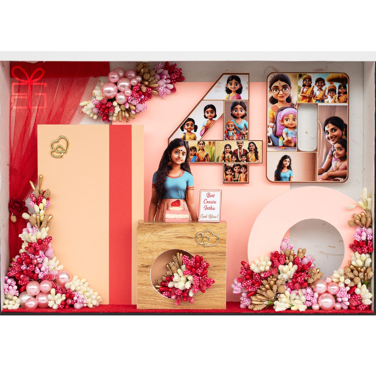 Personalized A4 Miniature Shadow Box | Birthday Decor with Mini Flowers & Balloons