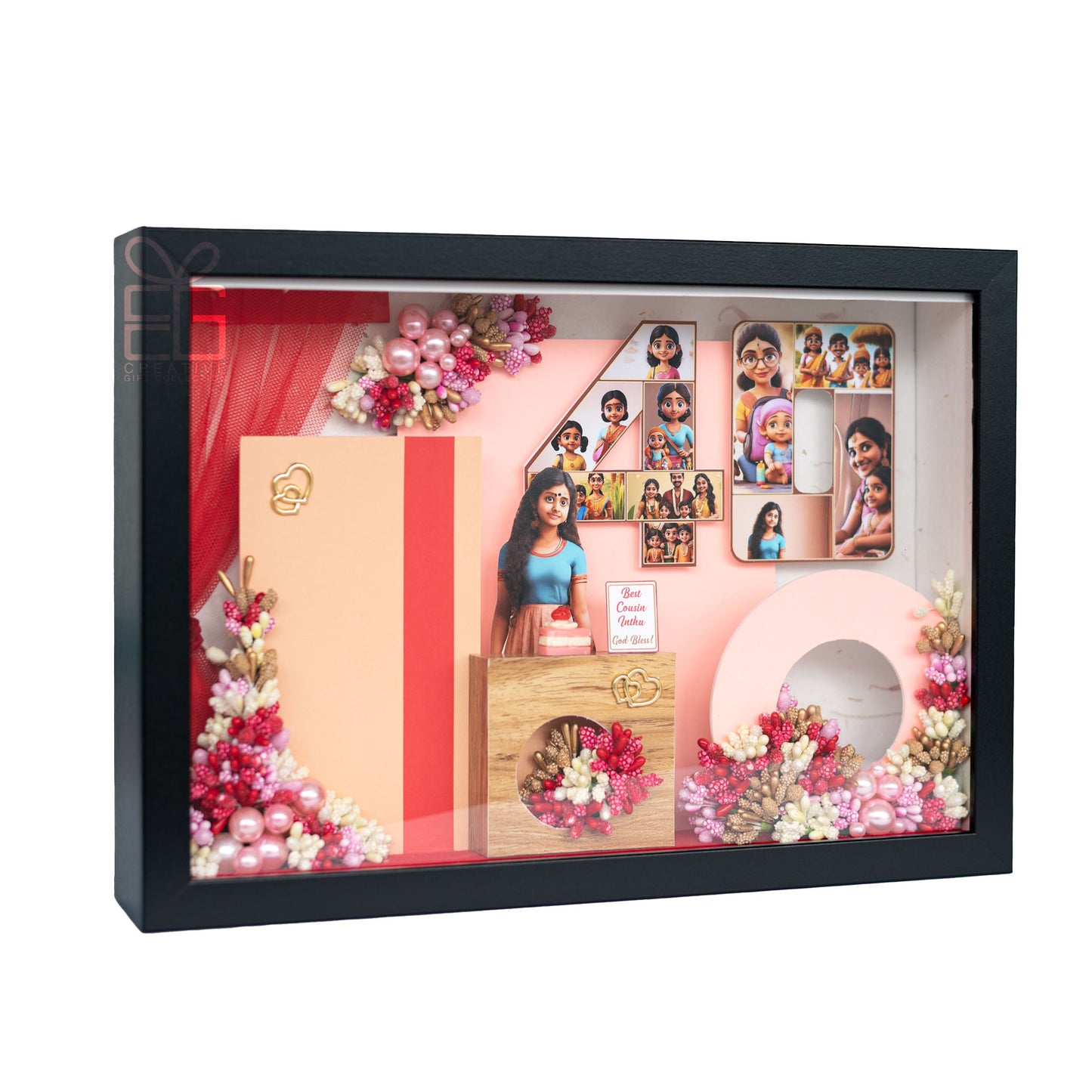 Personalized A4 Miniature Shadow Box | Birthday Decor with Mini Flowers & Balloons