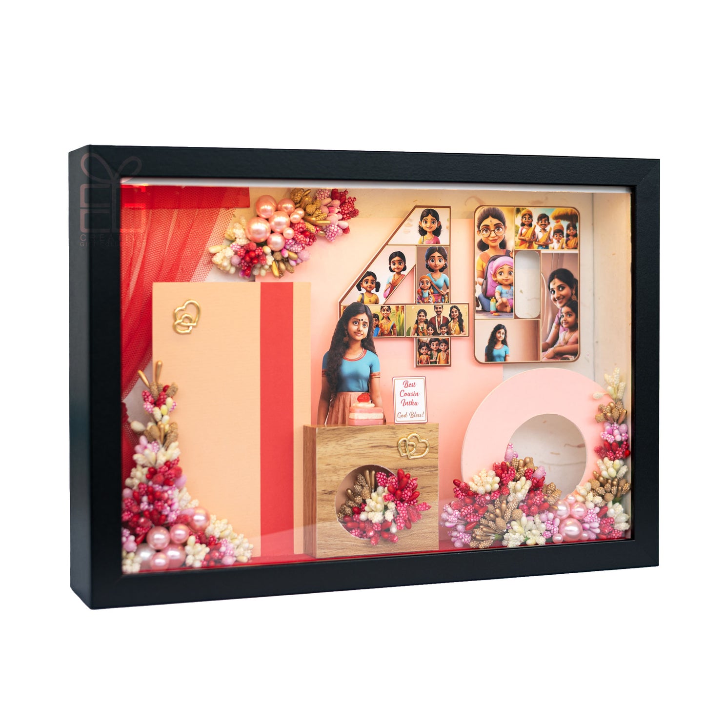 Personalized A4 Miniature Shadow Box | Birthday Decor with Mini Flowers & Balloons