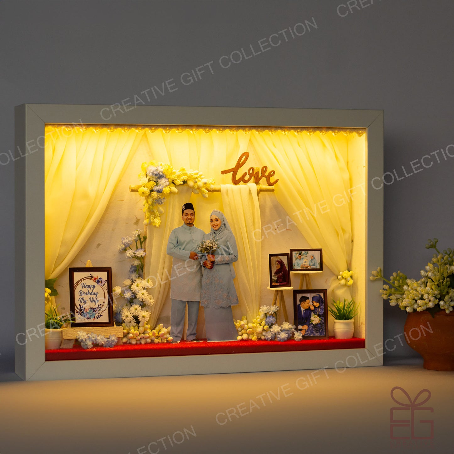 Personalized A4 Miniature Shadow Box | Floral Curtain wedding deco